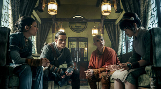 Avatar: The Last Airbender. (L to R) Kiawentiio Tarbell as Katara, Ian Ousley as Sokka, Gordan Cormier as Aang, Miya Cech as Toph in season 2 of Avatar: The Last Airbender. Cr. Katie Yu/Netflix © 2025